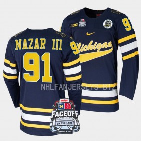Michigan Wolverines Frank Nazar III Faceoff On The Lake Navy 2023 Hockey Jersey