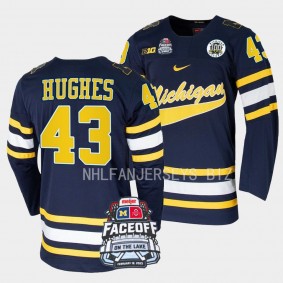 Michigan Wolverines Luke Hughes Faceoff On The Lake Navy 2023 Hockey Jersey