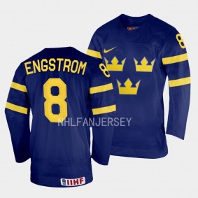 Sweden 2023 IIHF World Junior Championship Adam Engstrom #8 Navy Jersey Away