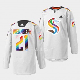 Seattle Kraken 2023 LGBTQ Pride Night Alexander Wennberg #21 White Jersey warmup