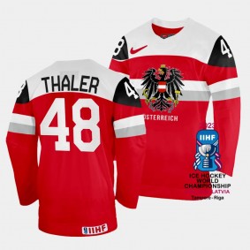 Lucas Thaler 2023 IIHF World Championship Australia #48 Red Away Jersey Men