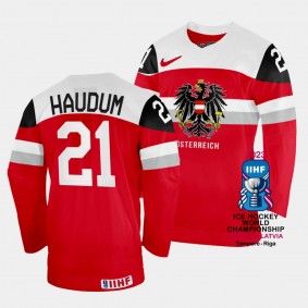 Lukas Haudum 2023 IIHF World Championship Australia #21 Red Away Jersey Men
