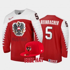 Austria Hockey David Reinbacher 2022 IIHF World Junior Championship Red #5 Jersey Free Hat