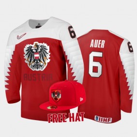 Austria Hockey Luca Auer 2022 IIHF World Junior Championship Red #6 Jersey Free Hat