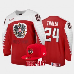 Austria Hockey Lucas Thaler 2022 IIHF World Junior Championship Red #24 Jersey Free Hat