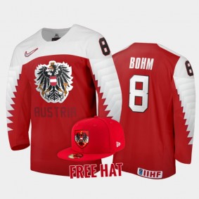 Austria Hockey Mathias Bohm 2022 IIHF World Junior Championship Red #8 Jersey Free Hat