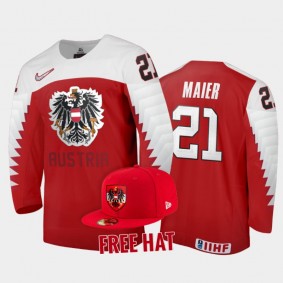 Austria Hockey Oskar Maier 2022 IIHF World Junior Championship Red #21 Jersey Free Hat
