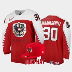Austria Hockey Sebastian Wraneschitz 2022 IIHF World Junior Championship Red #30 Jersey Free Hat