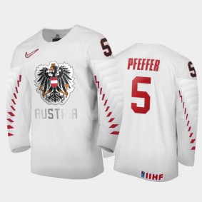 Men Austria Team 2021 IIHF World Junior Championship Jacob Pfeffer #5 Home White Jersey