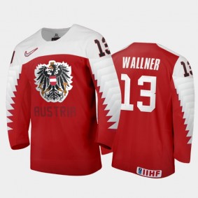 Men Austria Team 2021 IIHF World Junior Championship Leon Wallner #13 Away Red Jersey