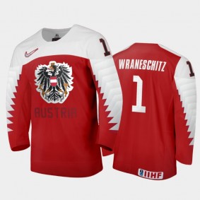 Men Austria Team 2021 IIHF World Junior Championship Sebastian Wraneschitz #1 Away Red Jersey