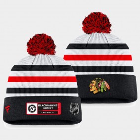 Authentic Pro Draft Chicago Blackhawks White Black Cuffed with Pom Knit Hat