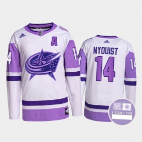 Gustav Nyquist Columbus Blue Jackets Hockey Fights Cancer Jersey Purple White #14 Authentic Pro