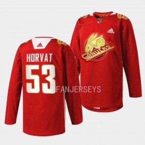 Vancouver Canucks 2023 Lunar New Year Bo Horvat #53 Red Jersey Rabbit Warm-up