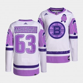 Hockey Fights Cancer Brad Marchand Boston Bruins White Purple #63 Primegreen Jersey 2022