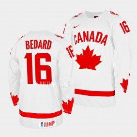 Connor Bedard 2023 IIHF WJC Canada Hockey #16 White One Leaf Jersey Men