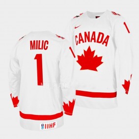 Thomas Milic 2023 IIHF WJC Canada Hockey #1 White One Leaf Jersey Men