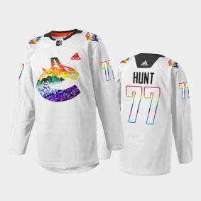 Brad Hunt Vancouver Canucks Pride Night Jersey White #77 Mio Artwork Warmup
