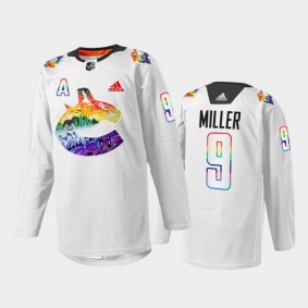 J.T. Miller Vancouver Canucks Pride Night Jersey White #9 Mio Artwork Warmup