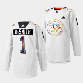 Pittsburgh Penguins 2022 Pride warmup Casey DeSmith #1 White Jersey Rainbow