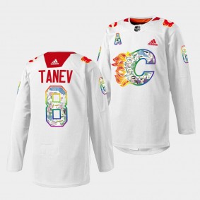 Calgary Flames 2023 Pride Night Christopher Tanev #8 White Jersey Floral