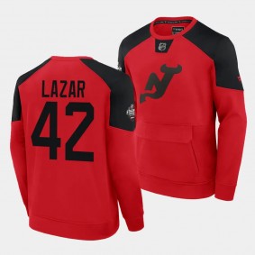 New Jersey Devils Curtis Lazar 2024 NHL Stadium Series #42 Red Authentic Pro Sweatshirt