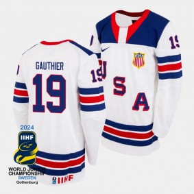 USA 2024 IIHF World Junior Champions Cutter Gauthier #19 White Jersey