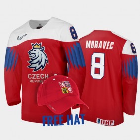Czechia Hockey David Moravec 2022 IIHF World Junior Championship Red #8 Jersey Free Hat