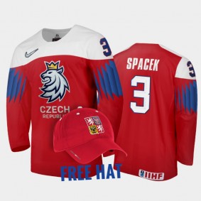 Czechia Hockey David Spacek 2022 IIHF World Junior Championship Red #3 Jersey Free Hat
