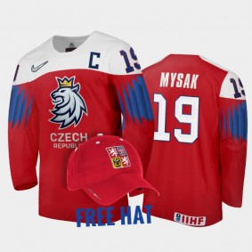 Czechia Hockey Jan Mysak 2022 IIHF World Junior Championship Red #19 Jersey Free Hat