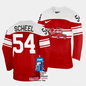 Denmark #54 Felix Scheel 2023 IIHF World Championship Away Jersey Red