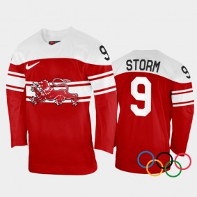 Denmark Hockey Frederik Storm 2022 Winter Olympics Red #9 Jersey Away