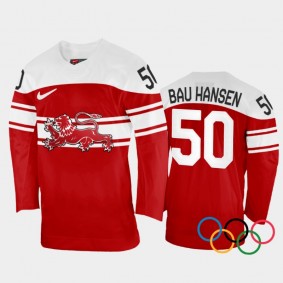 Denmark Hockey Mathias Bau Hansen 2022 Winter Olympics Red #50 Jersey Away