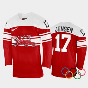 Denmark Hockey Nicklas Jensen 2022 Winter Olympics Red #17 Jersey Away