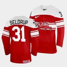 Mathias Seldrup 2022 IIHF World Championship Denmark Hockey #31 Red Jersey Away