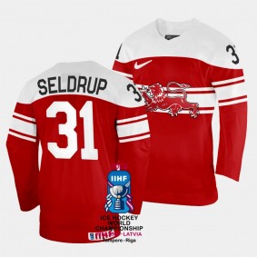 Denmark #31 Mathias Seldrup 2023 IIHF World Championship Away Jersey Red