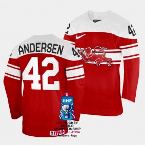 Denmark #42 Niklas Andersen 2023 IIHF World Championship Away Jersey Red