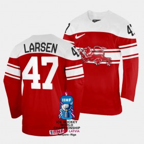Denmark #47 Oliver Larsen 2023 IIHF World Championship Away Jersey Red