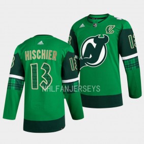 2023 St. Patricks Day Nico Hischier New Jersey Devils #13 Green Primegreen Authentic Jersey