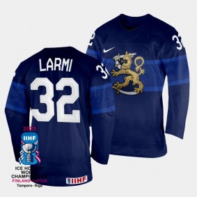 Finland #32 Emil Larmi 2023 IIHF World Championship Away Jersey Navy