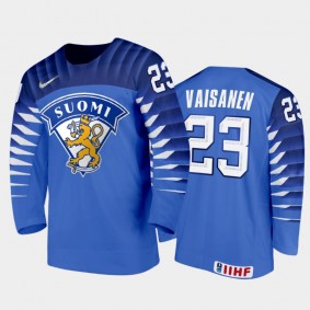 Finland Hockey Kalle Vaisanen 2022 IIHF World Junior Championship Away Jersey Blue