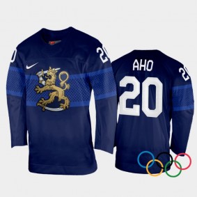 Finland Hockey Sebastian Aho 2022 Winter Olympics Navy #20 Jersey Away
