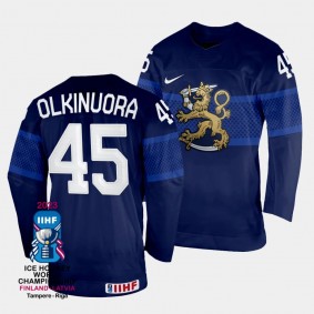 Finland #45 Jussi Olkinuora 2023 IIHF World Championship Away Jersey Navy