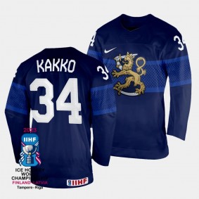 Finland #34 Kaapo Kakko 2023 IIHF World Championship Away Jersey Navy