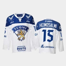 Finland Team Aleksi Heimosalmi 2021-22 Home White Hockey Jersey #15