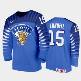 Men Finland Team 2021 IIHF World Junior Championship Anton Lundell #15 Away Blue Jersey