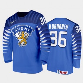 Men Finland Team 2021 IIHF World Junior Championship Benjamin Korhonen #36 Away Blue Jersey