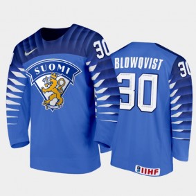 Men Finland Team 2021 IIHF World Junior Championship Joel Blowqvist #30 Away Blue Jersey