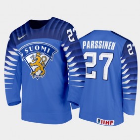 Men Finland Team 2021 IIHF World Junior Championship Juuso Parssinen #27 Away Blue Jersey