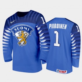 Men Finland Team 2021 IIHF World Junior Championship Kari Piiroinen #1 Away Blue Jersey